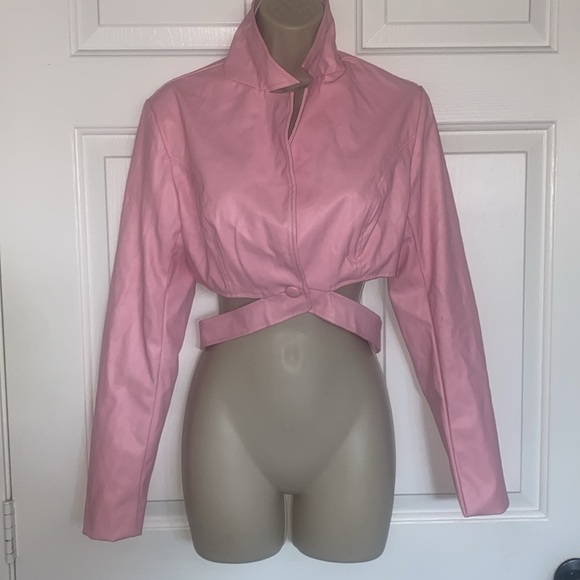 Sexy Faux Leather Baby Pink Single Button Crop Jacket - Picture 5 of 6